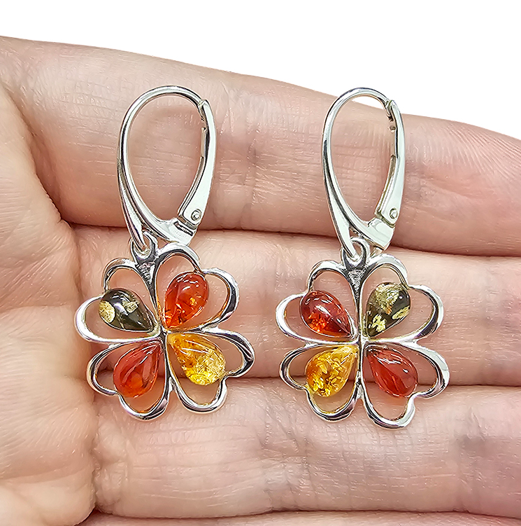 Multi Color Amber Sterling Silver Clover Earrings on Hooks