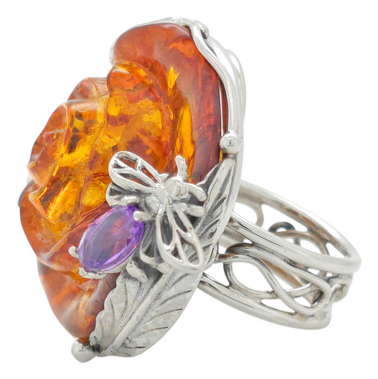 Handmade Amber Rose Adjustable Silver Ring