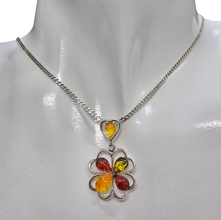 Multi Color Amber Sterling Silver Clover Pendant