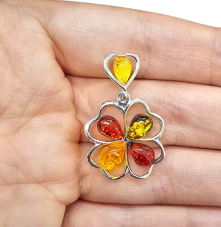 Multi Color Amber Sterling Silver Clover Pendant