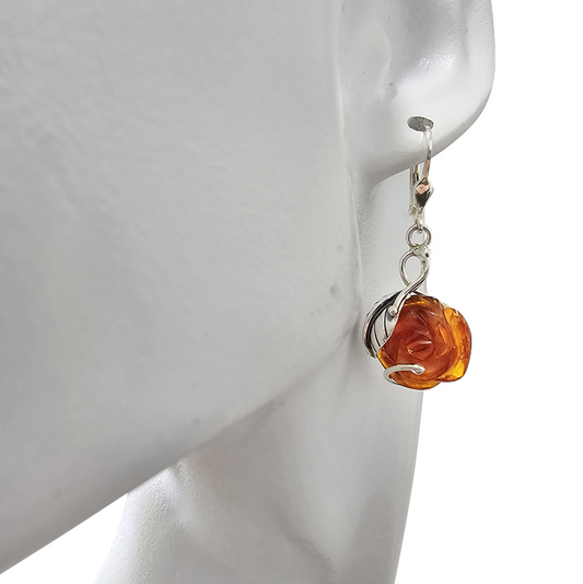Amber Sterling Silver Rose Earrings On Hooks