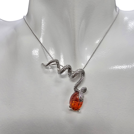 Cognac Amber Sterling Silver Snake Pendant