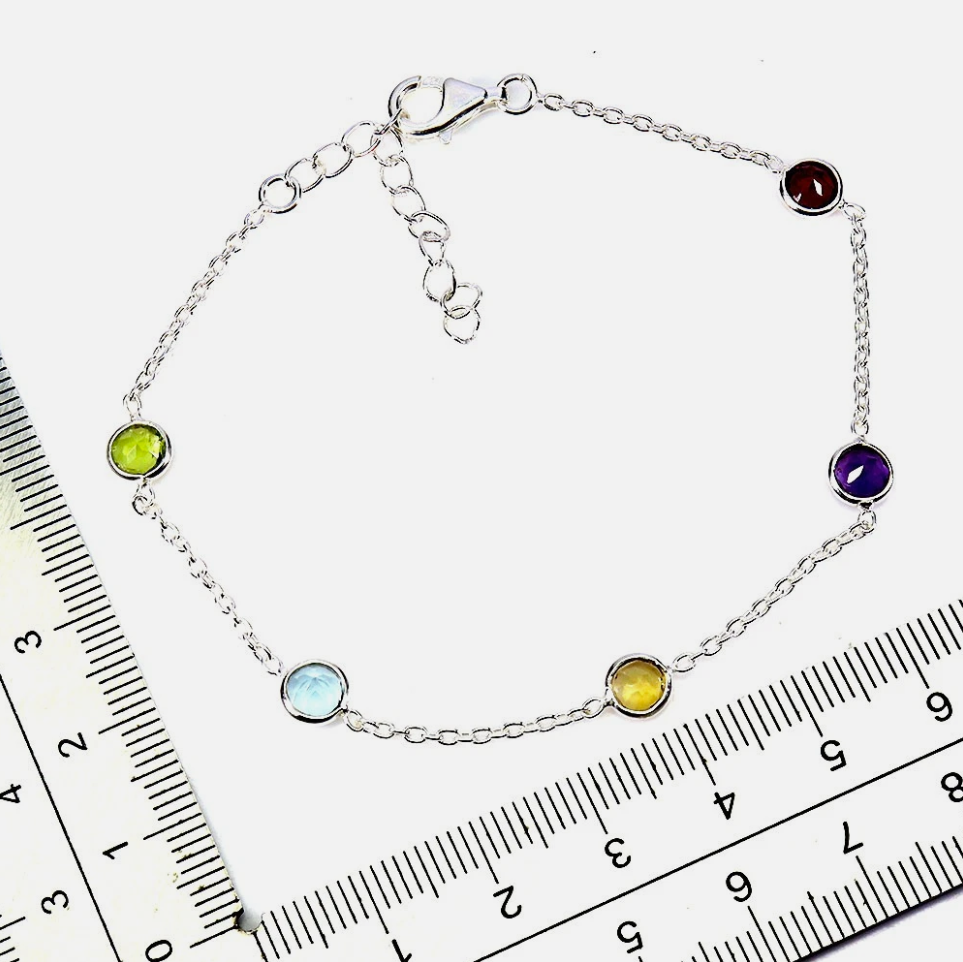 Dainty Multi-Gemstone Station Bracelet – 925 Sterling Silver