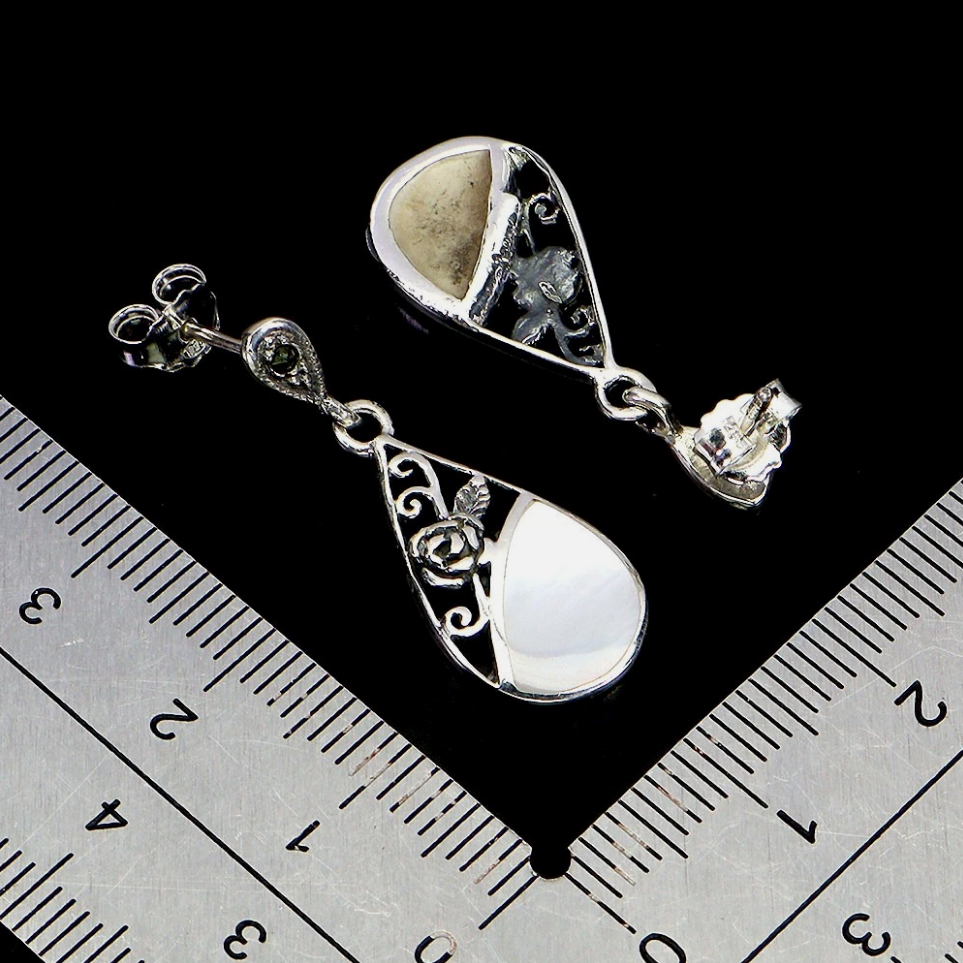 925 Sterling Silver Mother of Pearl Dangle Earrings | Filigree Rose Teardrop
