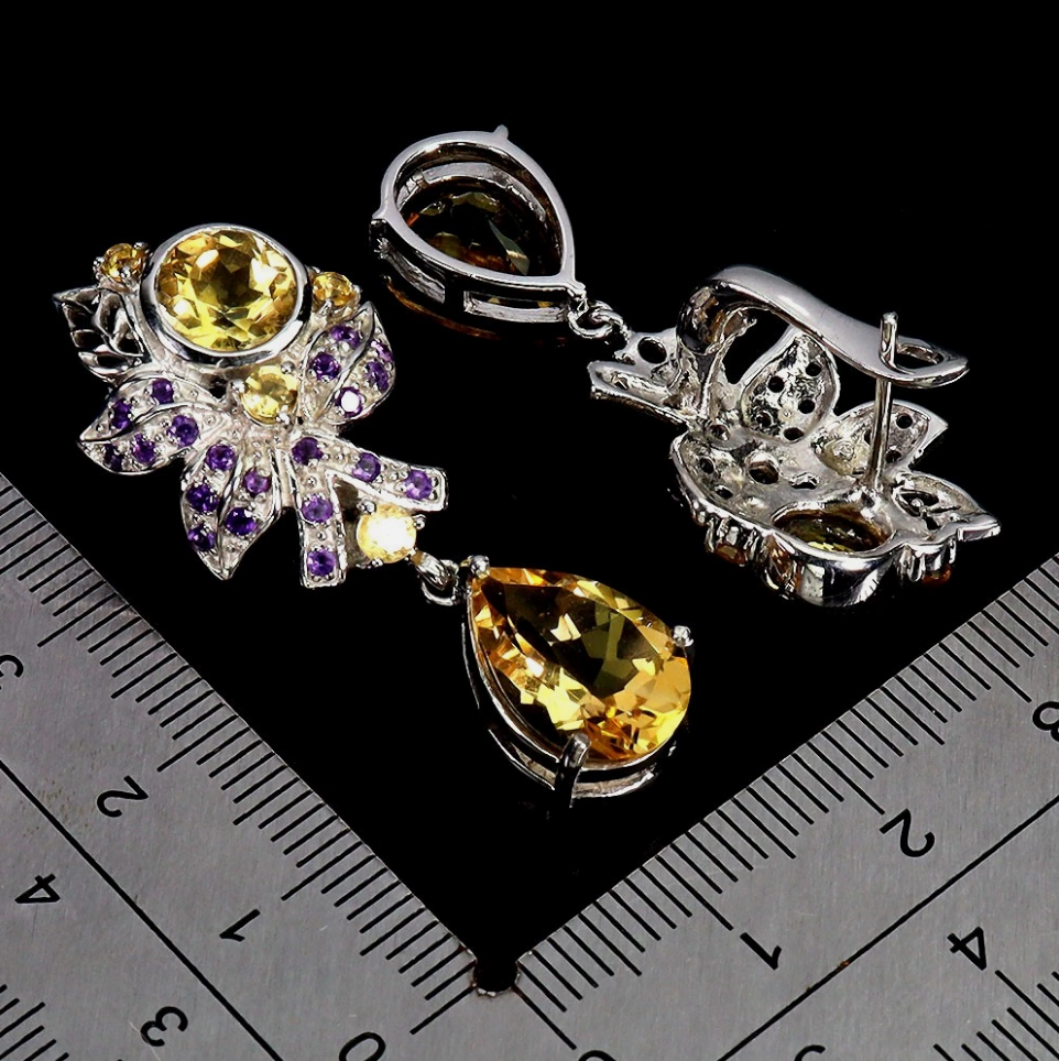 Elegant 14k White Gold Plated 925 Silver Citrine & Amethyst Drop Earrings