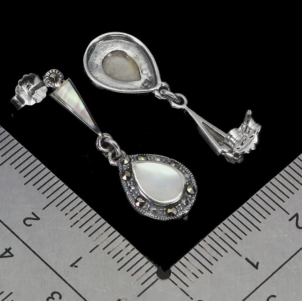 Art Deco 925 Sterling Silver Mother of Pearl & Marcasite Drop Earrings