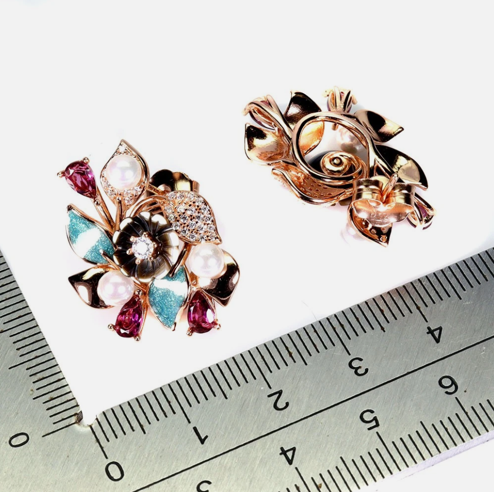 925 Sterling Silver Floral Cluster Earrings – Pink Rhodolite Garnet, Pearl & Mother of Pearl