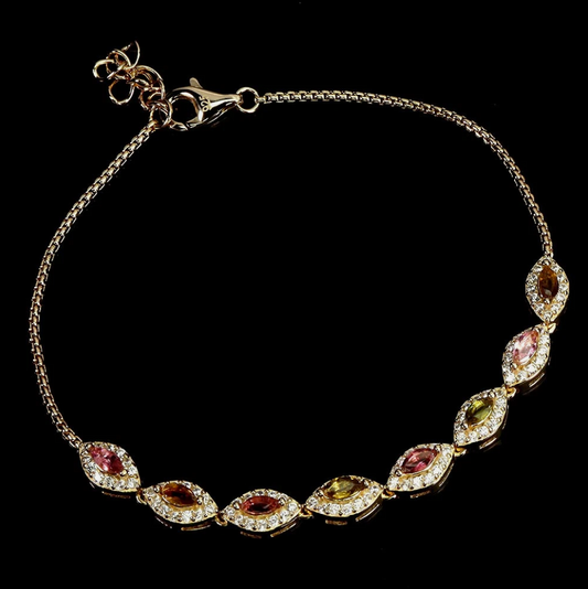 Stunning 14k Gold Plated Multi-Tourmaline & CZ Bracelet (7.5")