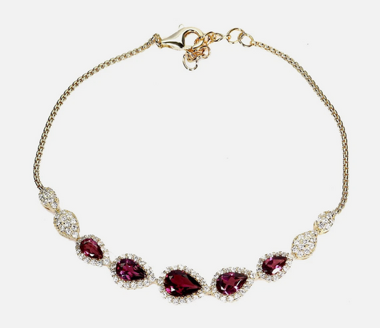 Natural Pink Rhodolite Garnet Teardrop Bracelet 14K Gold Plated 925 Sterling Silver Halo
