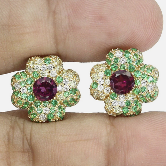 Stunning 14k Gold Plated 925 Silver Rhodolite Garnet Flower Studs