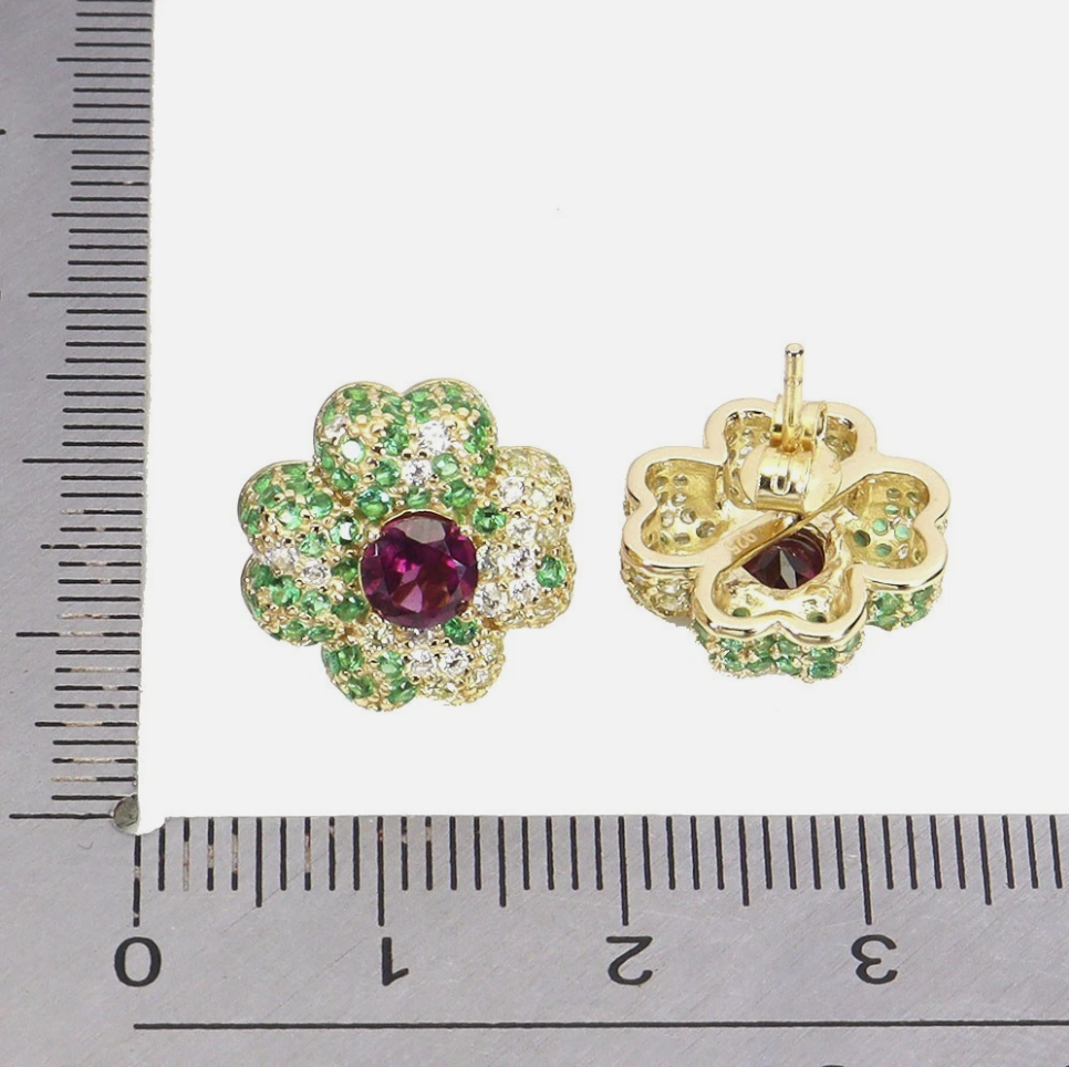 Stunning 14k Gold Plated 925 Silver Rhodolite Garnet Flower Studs