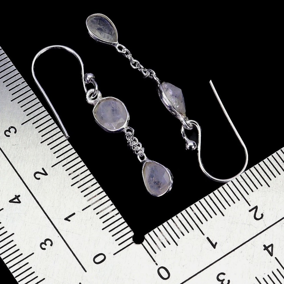 Elegant Triple-Drop Natural Moonstone Earrings – 925 Sterling Silver