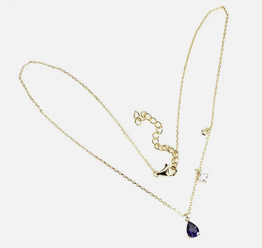 Natural Iolite Pear Drop Necklace – 14k Gold Plated 925 Sterling Silver Asymmetric Chain – Genuine Blue Gemstone Dainty Necklace