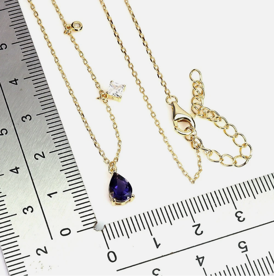 Natural Iolite Pear Drop Necklace – 14k Gold Plated 925 Sterling Silver Asymmetric Chain – Genuine Blue Gemstone Dainty Necklace