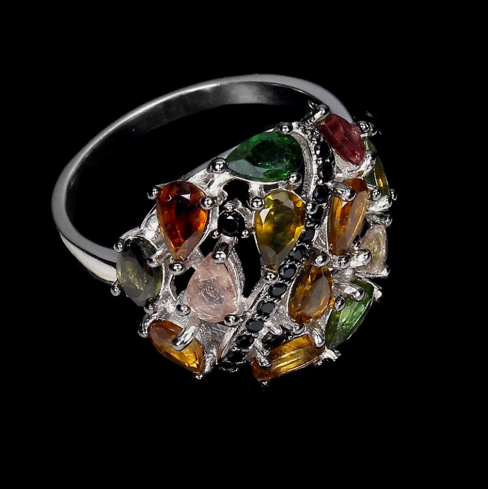 Vibrant Natural Multi-Color Tourmaline Cluster Cocktail Statement Ring (14k White Gold & Black Rhodium over 925 Sterling Silver)