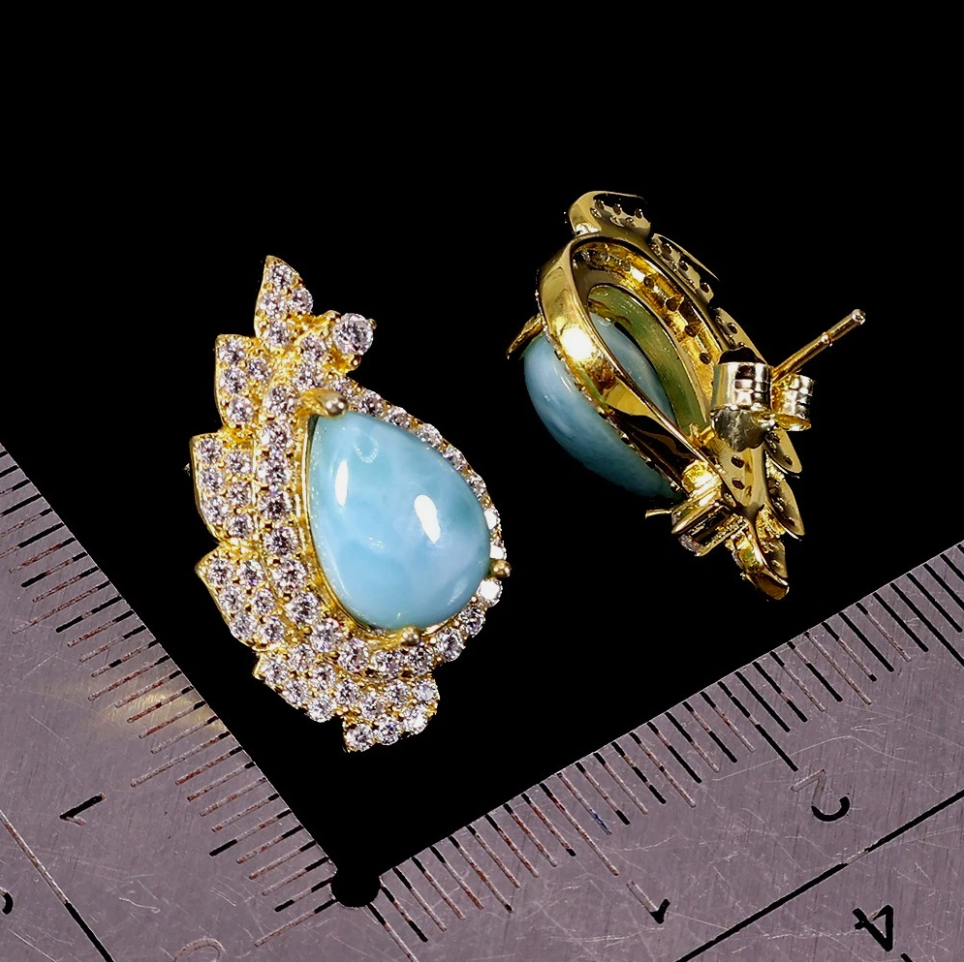 Natural Dominican Larimar & Cubic Zirconia Drop Cluster Stud Earrings (14k Yellow Gold over 925 Sterling Silver)