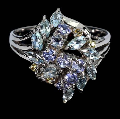 Celestial Blossom Natural Tanzanite & Aquamarine Cluster Cocktail Ring (14k White Gold over 925 Sterling Silver)