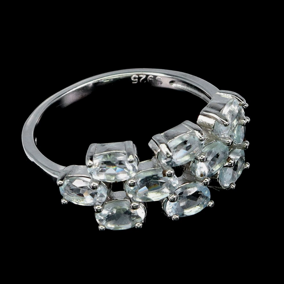 Natural Brazilian Aquamarine Multi-Stone Cluster Ring 7.5 (14K White Gold over .925 Silver)