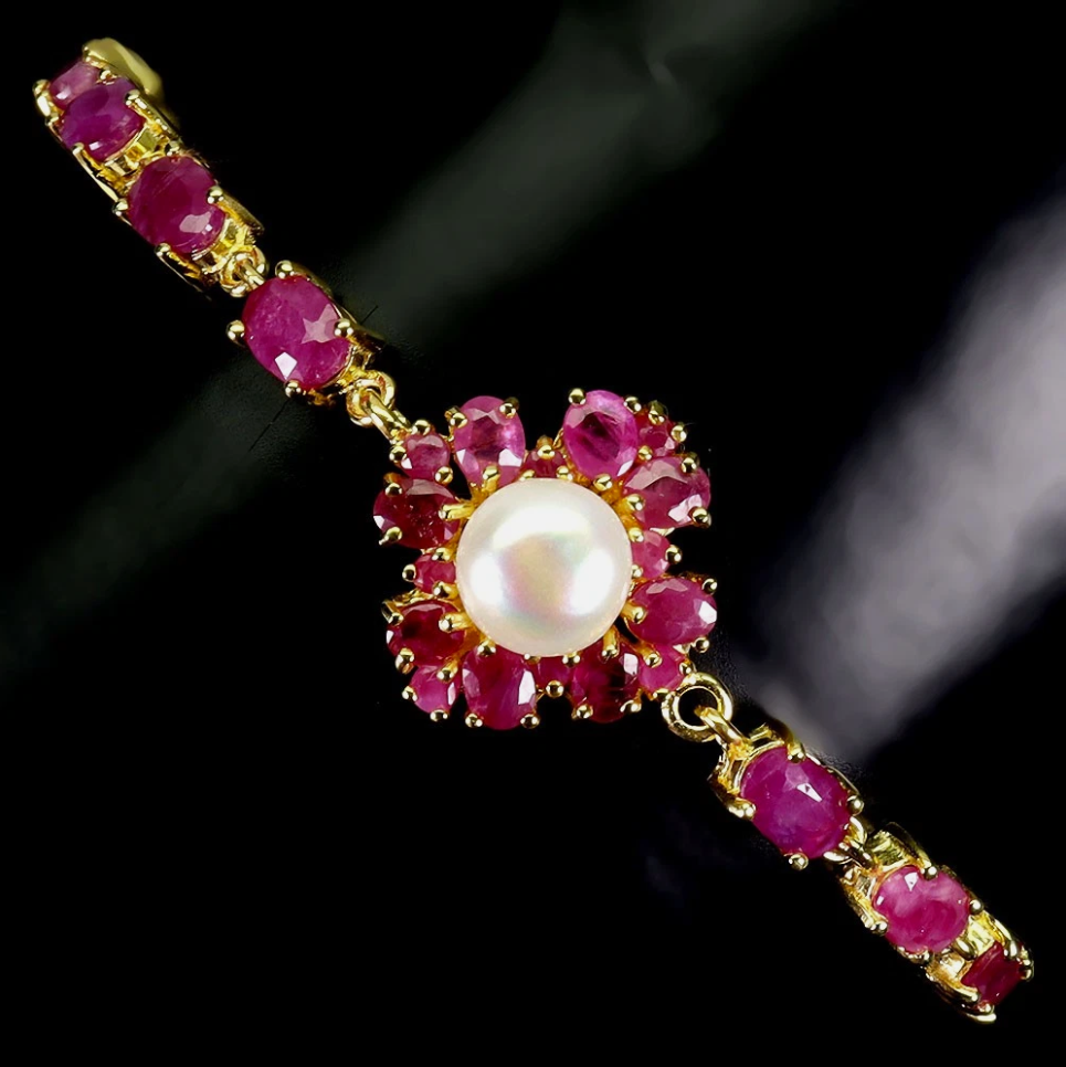 Natural African Ruby & Pearl Statement Link Bracelet – 14K Gold Over 925 Sterling Silver