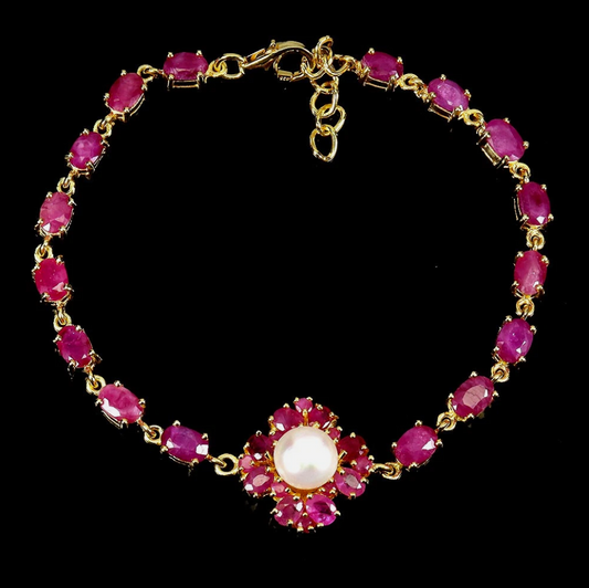 Natural African Ruby & Pearl Statement Link Bracelet – 14K Gold Over 925 Sterling Silver