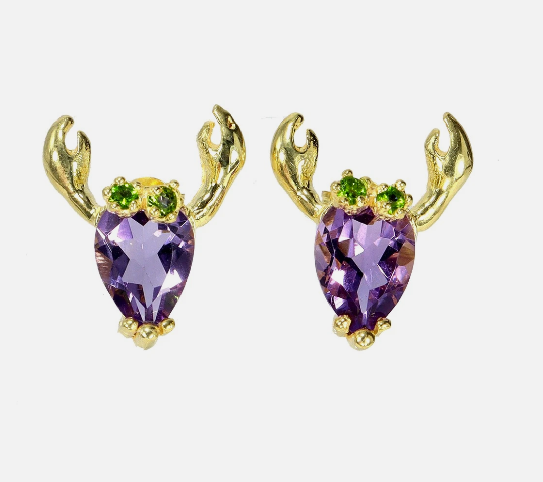 Artisan Amethyst & Chrome Diopside Golden Crab Stud Earrings in .925 Silver