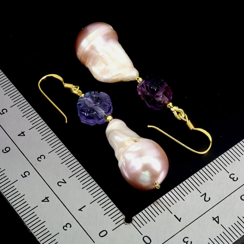 925 Sterling Silver Earrings Flower Carving Fluorite 10mm Pearl Gemstone Jewelry