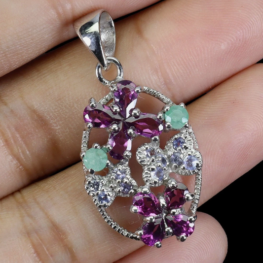 925 Sterling Silver Pendant Rhodolite Emerald Tanzanite