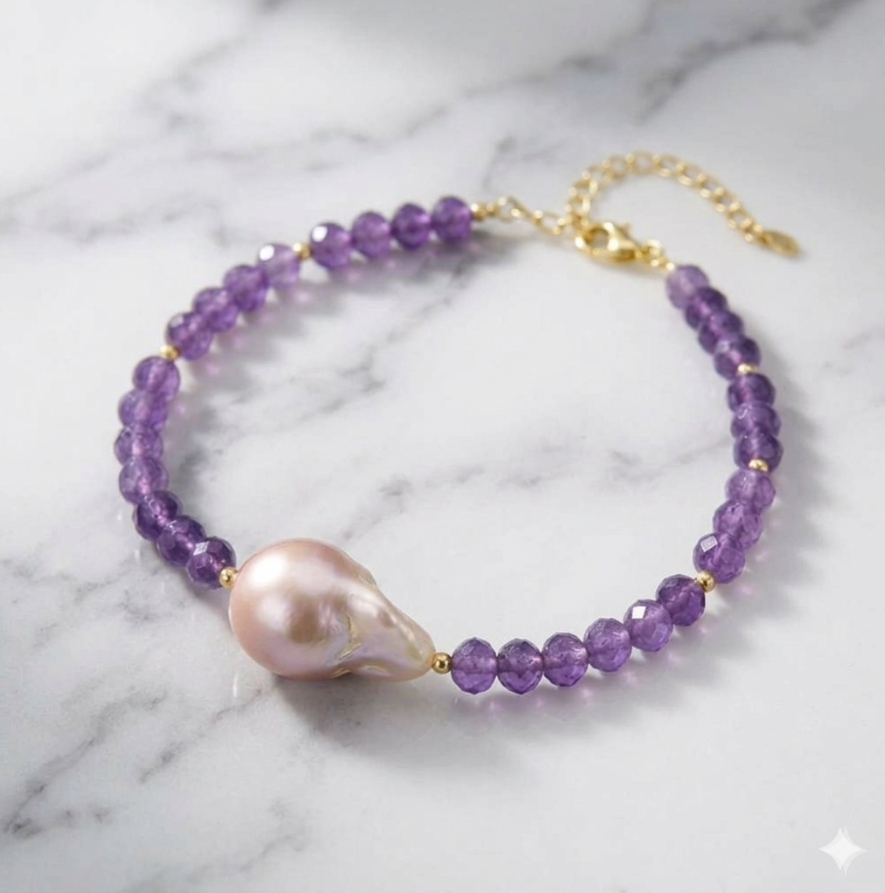 Natural Uruguay Amethyst & Large Baroque Pearl Bracelet, 14k Gold Plated 925 Sterling Silver, Faceted Purple Gemstone Statement Bracelet, Gift for Her