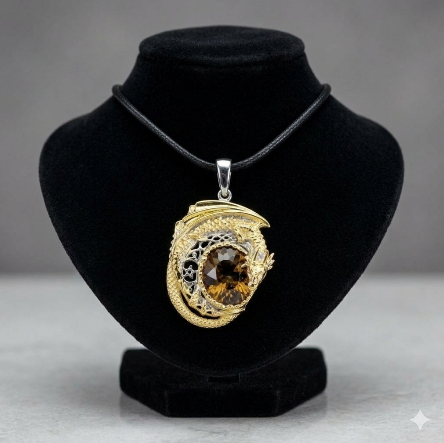 Mythical Dragon's Heart Natural Cognac Quartz Statement Pendant (14k Two-Tone Gold over 925 Sterling Silver)