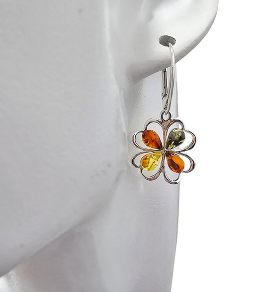 Multi Color Amber Sterling Silver Clover Earrings on Hooks