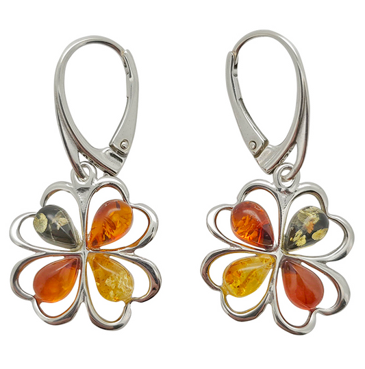 Multi Color Amber Sterling Silver Clover Earrings on Hooks