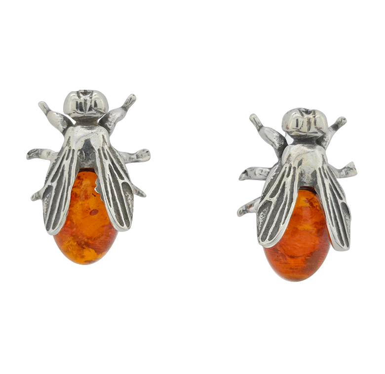 Baltic Amber Pendant & Earrings Set in a Gift Box - Fly on Leaf