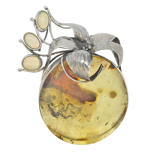 Citrine Amber & Opal Oxidized Silver Handmade Flower Pendant