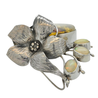 Citrine Amber & Opal Oxidized Silver Handmade Flower Pendant
