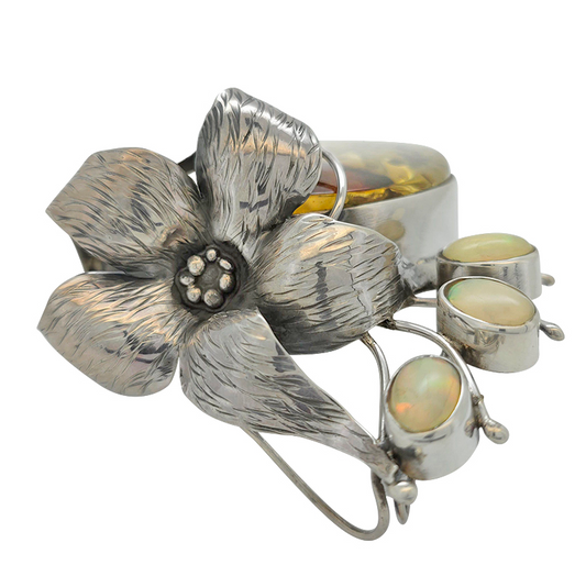 Citrine Amber & Opal Oxidized Silver Handmade Flower Pendant