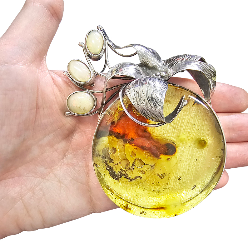 Citrine Amber & Opal Oxidized Silver Handmade Flower Pendant