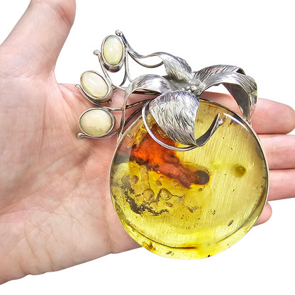 Citrine Amber & Opal Oxidized Silver Handmade Flower Pendant