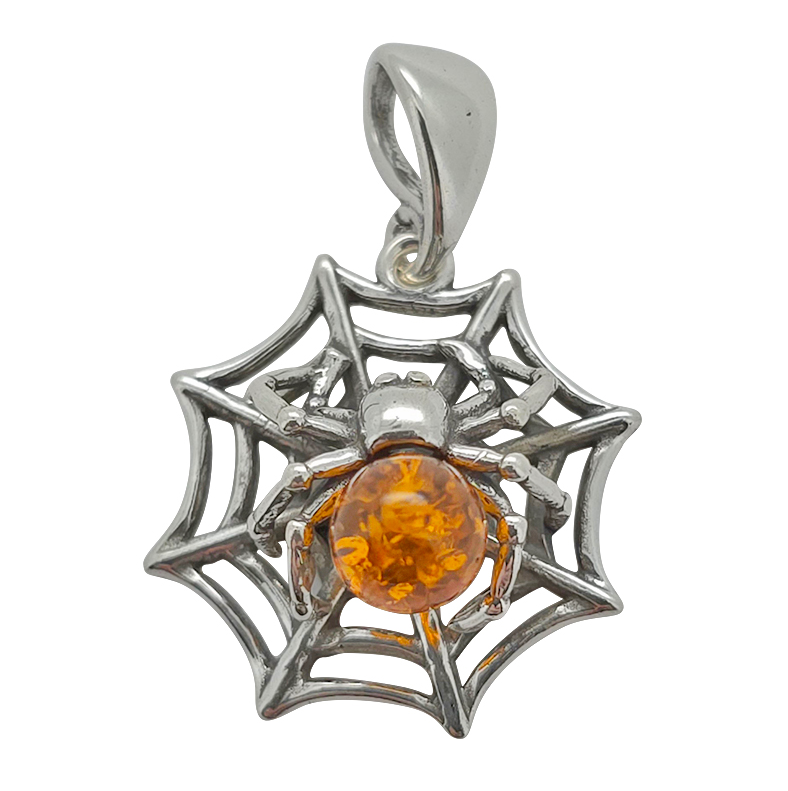 Cognac Amber Silver Spiderweb Pendant