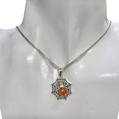 Cognac Amber Silver Spiderweb Pendant
