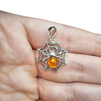 Cognac Amber Silver Spiderweb Pendant