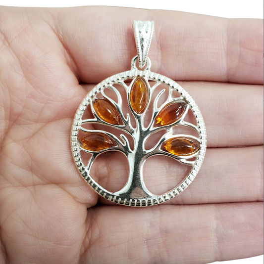 Cognac Amber Sterling Silver Tree of Life Pendant