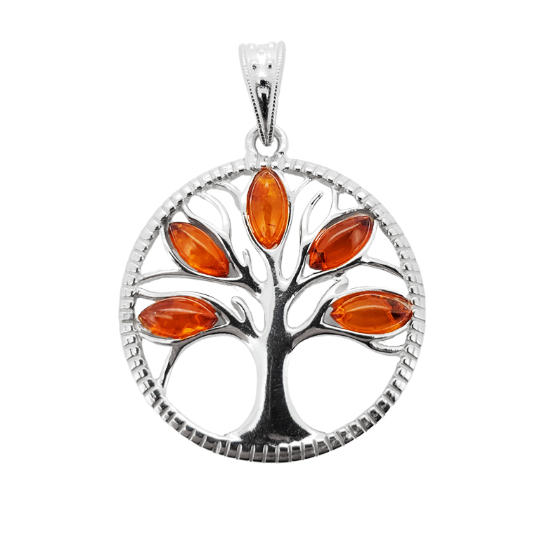 Cognac Amber Sterling Silver Tree of Life Pendant