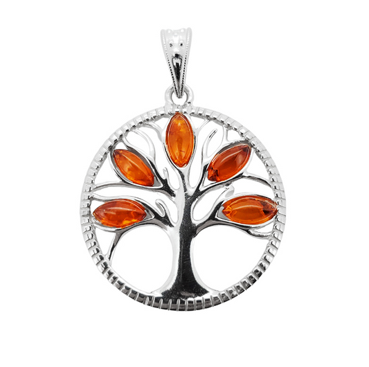Cognac Amber Sterling Silver Tree of Life Pendant