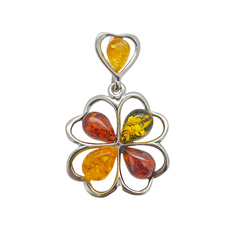 Multi Color Amber Sterling Silver Clover Pendant