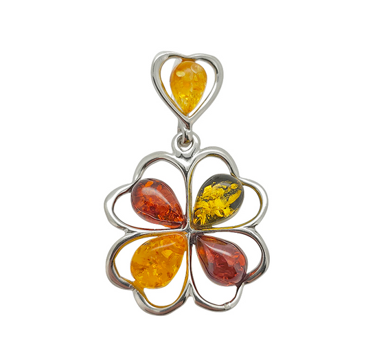 Multi Color Amber Sterling Silver Clover Pendant