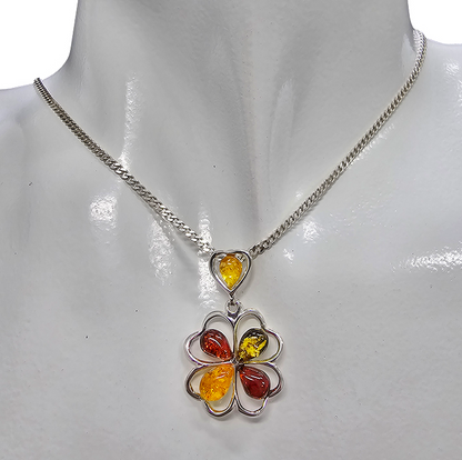 Multi Color Amber Sterling Silver Clover Pendant