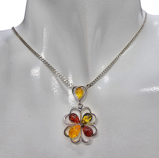 Multi Color Amber Sterling Silver Clover Pendant