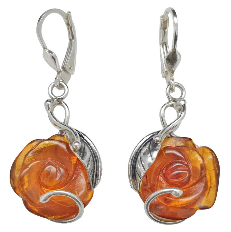 Amber Sterling Silver Rose Earrings On Hooks