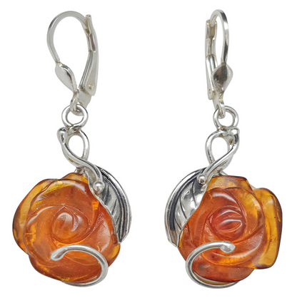 Amber Sterling Silver Rose Earrings On Hooks