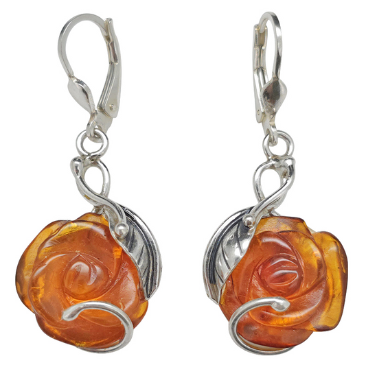 Amber Sterling Silver Rose Earrings On Hooks